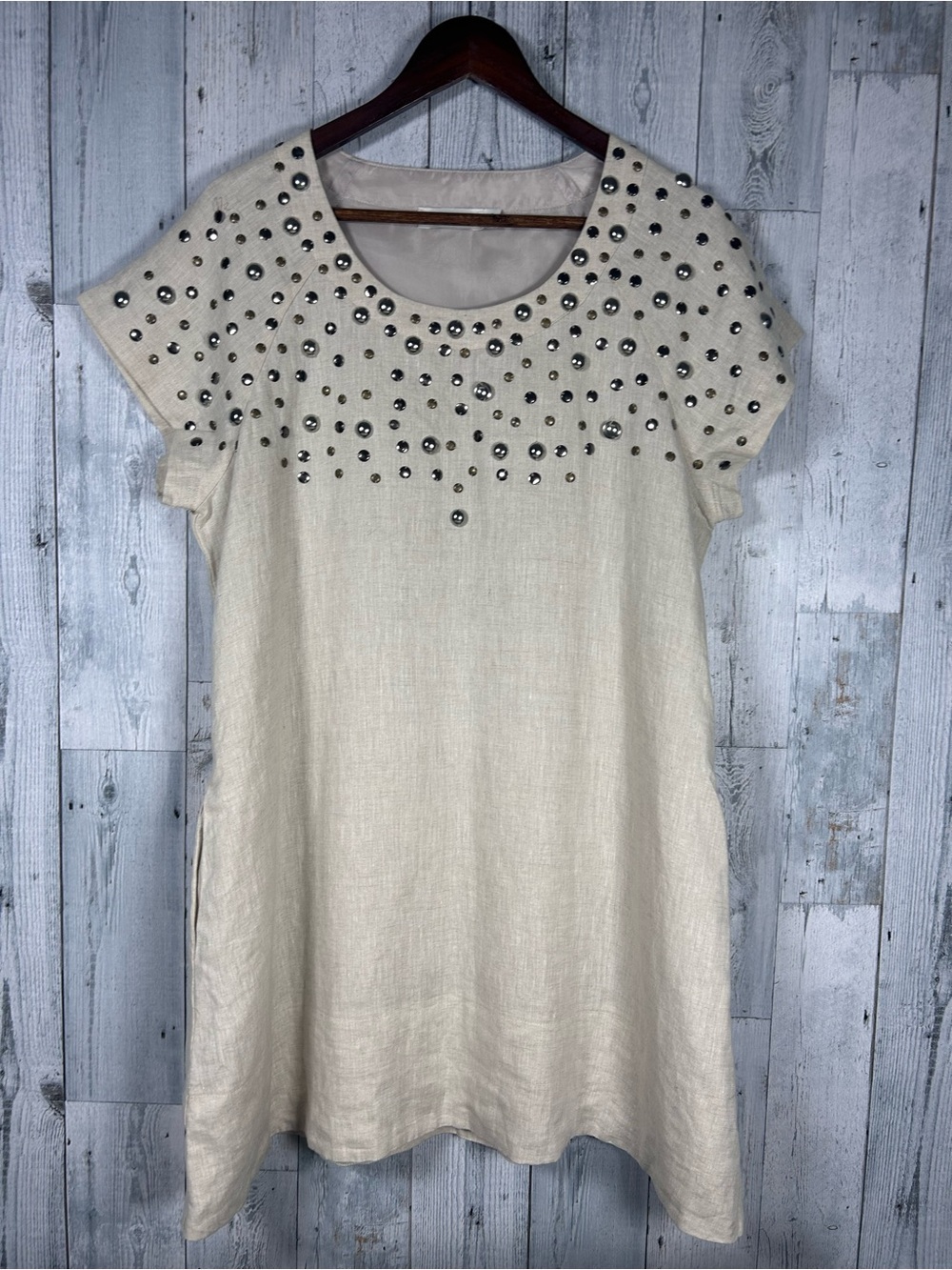 Le Blanc Linen Dress Large Ivory Studded Embellished Shift Tunic Quiet Luxury